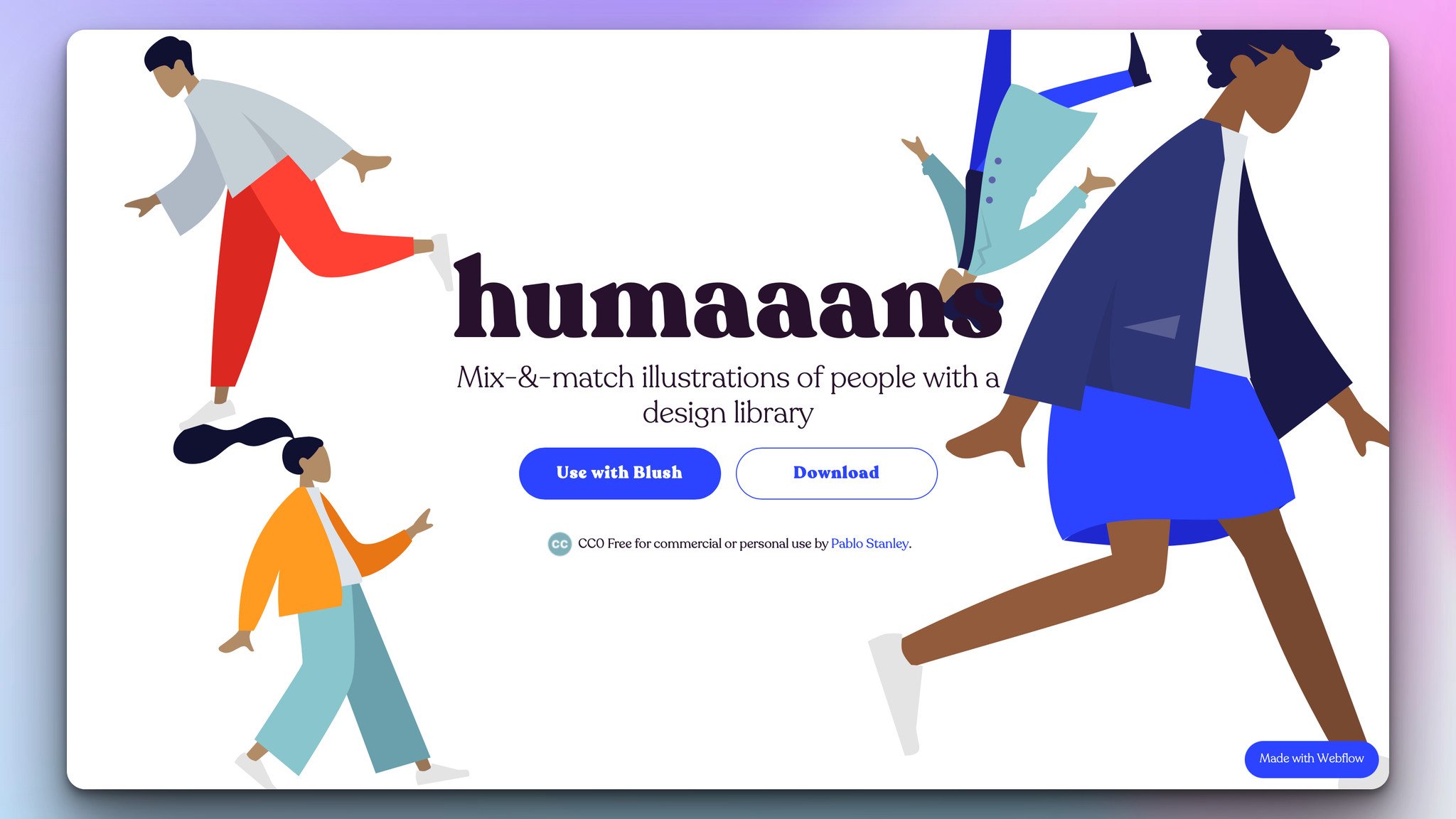 humaaans design tool's homepage with 4 different shaped and sized people illustration randomly placed and the headline in the center followed by two CTA buttons