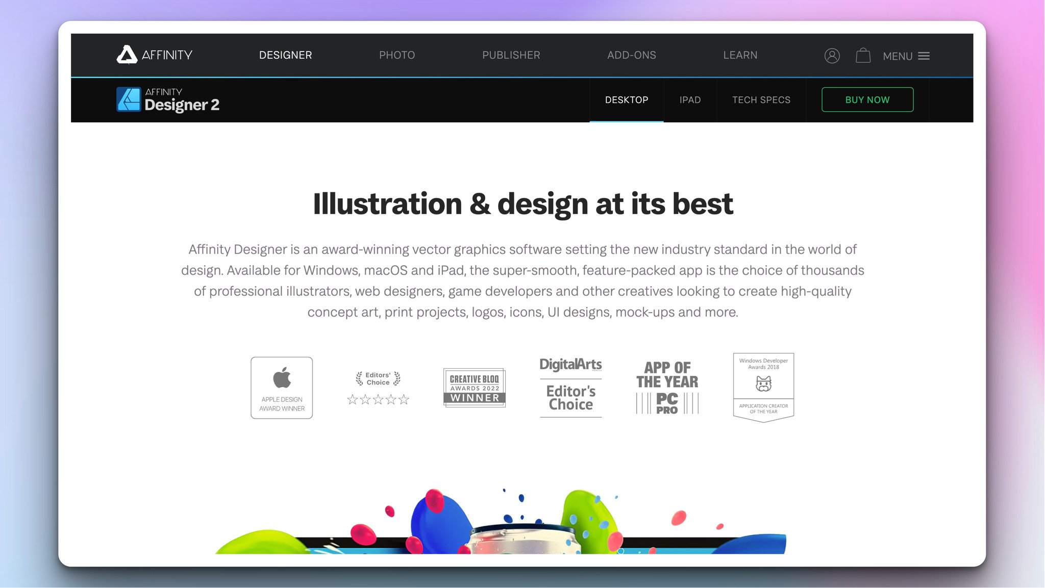 affinity design tool's homepage with the headline in the center with a body text below explaining the tool followed by the logos of the brands that use affinity and a piece of illustration