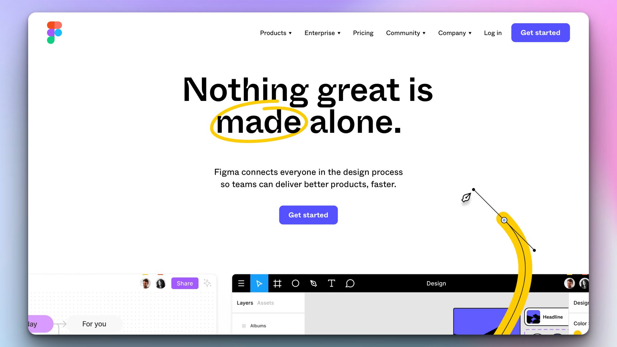 figma's homepage with the huge headline "Nothing great is made alone" on a white background followed by design illustration in the making