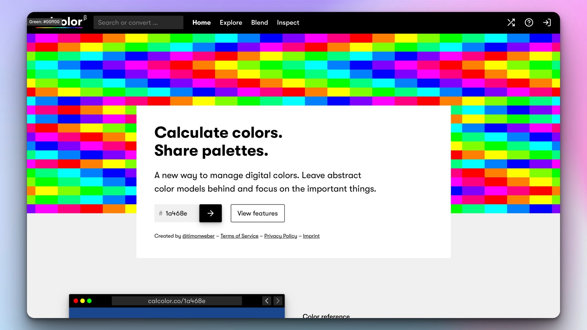 calcolor design tool's homepage with a colored tile background with a white window featuring the headline and the body text and a "view feature" button