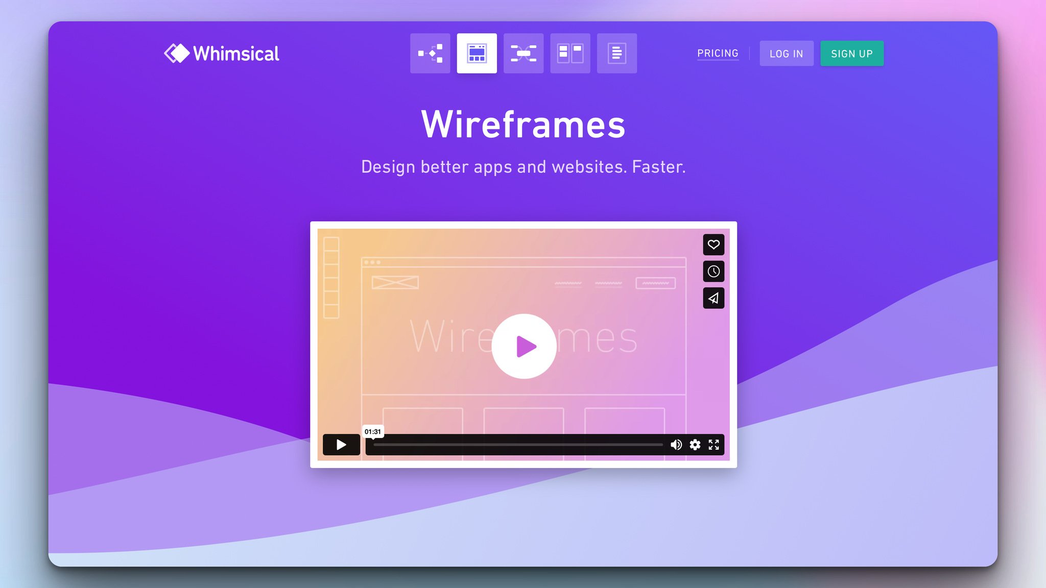 whimsical design tool's homepage with a video preview in the center and the headline above on a purple colored background