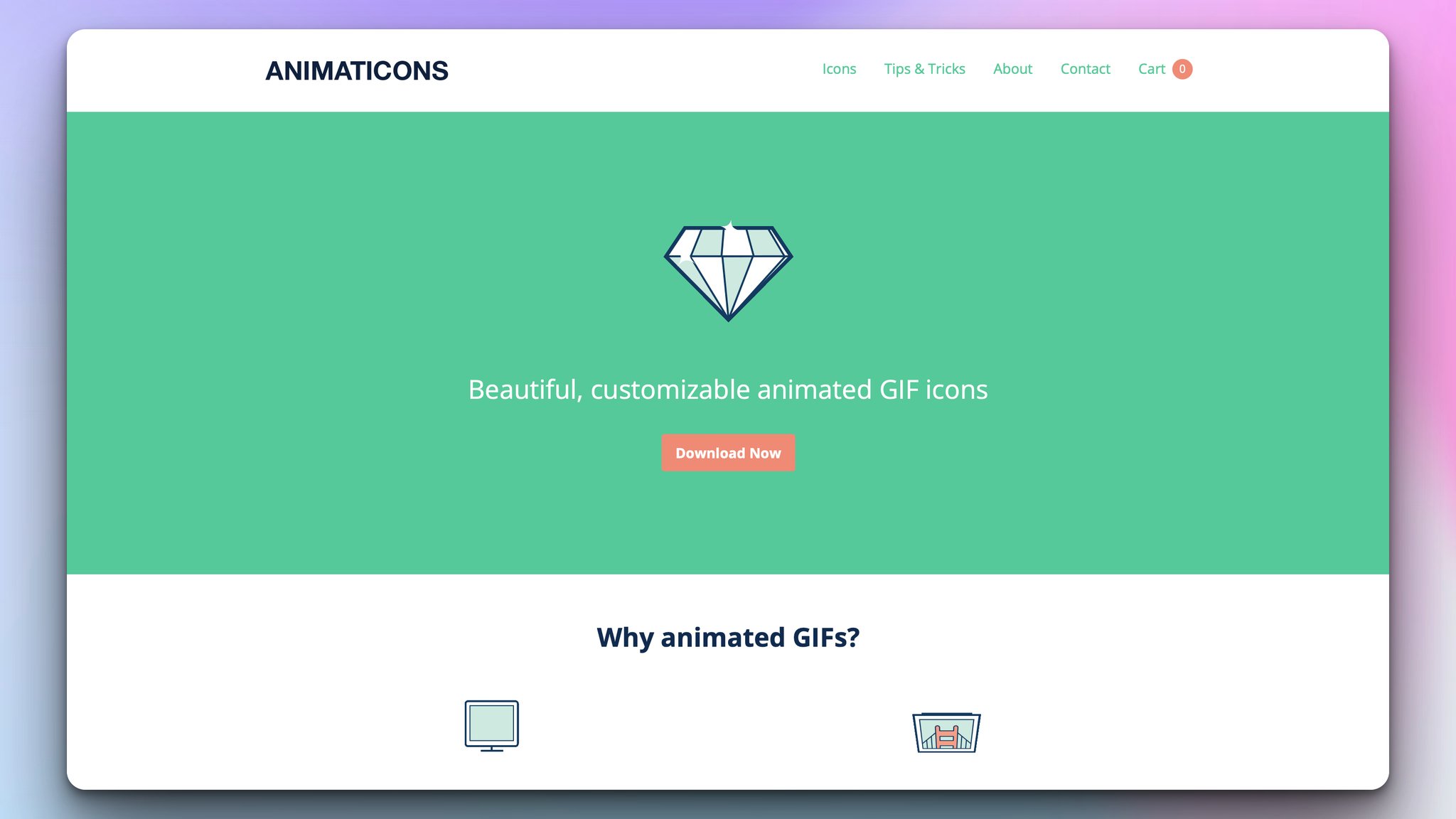 animaticons design tool's homepage with a diamond illustration on a green background followed by a headline and an orange "Download Now" button