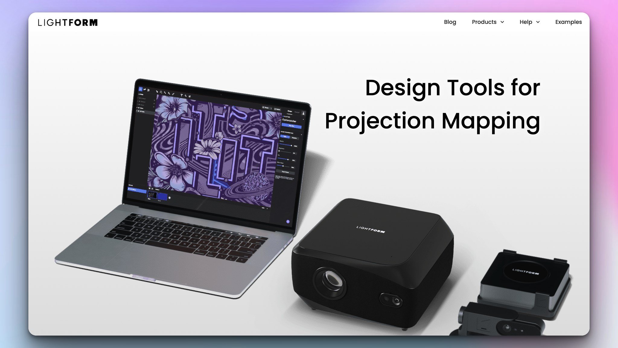 lightform design tool's homepage with some electronical devices like laptop on a white background and "design tools for projection mapping" headline above