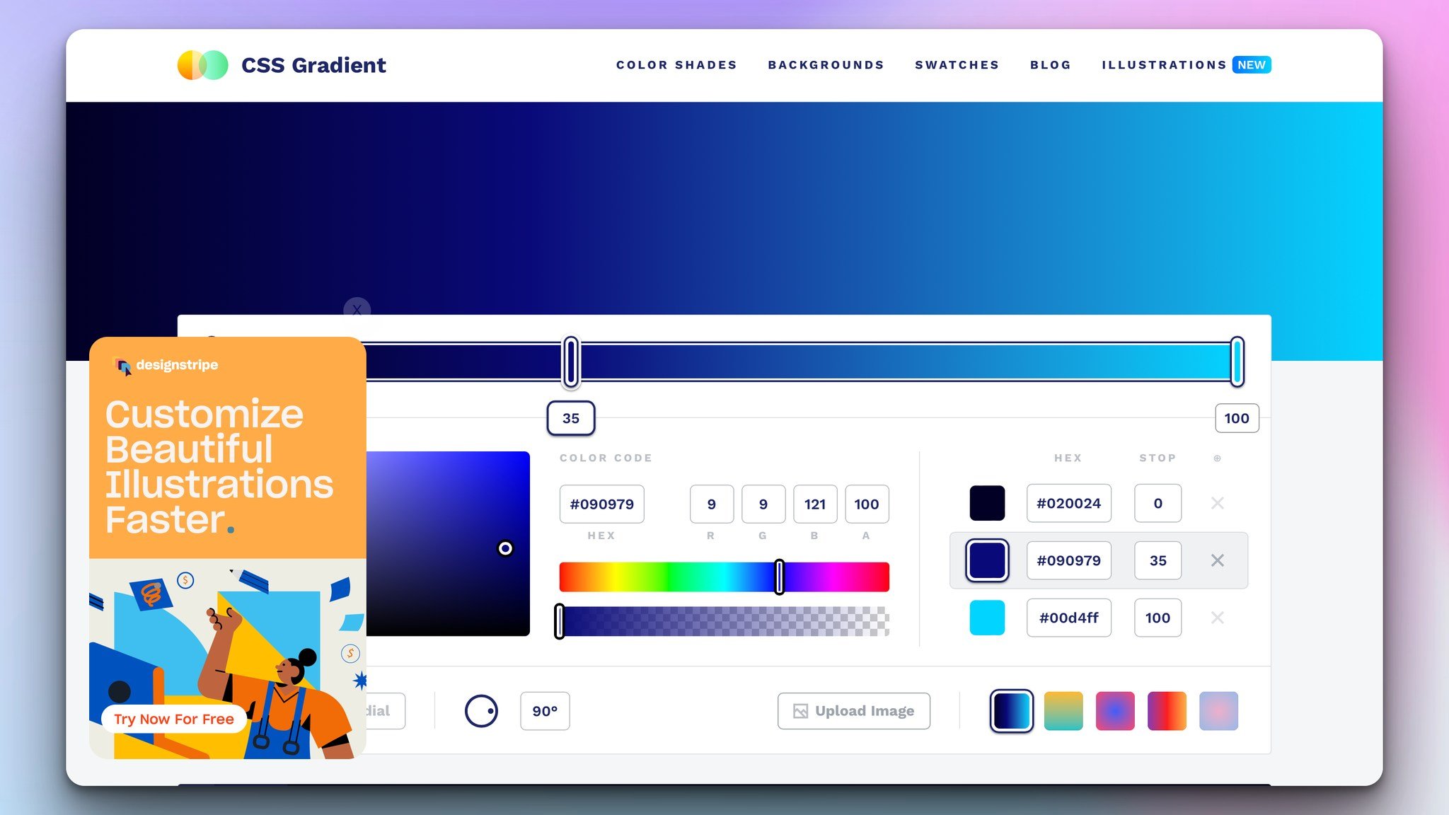 css gradient design tool's homepage with a blue gradient background followed by the tool window and a popup in the left corner