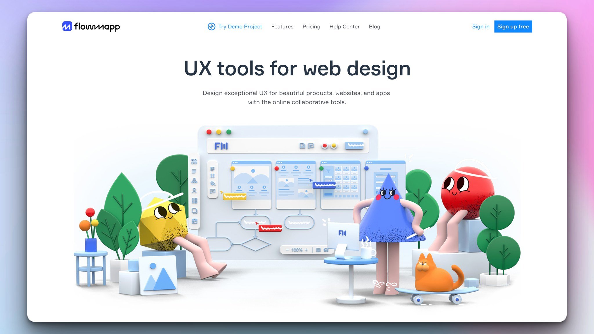 flowmapp design tool's homepage with illustrations of 3d shapes with a screen illustration in the middle with the headline above on a white background