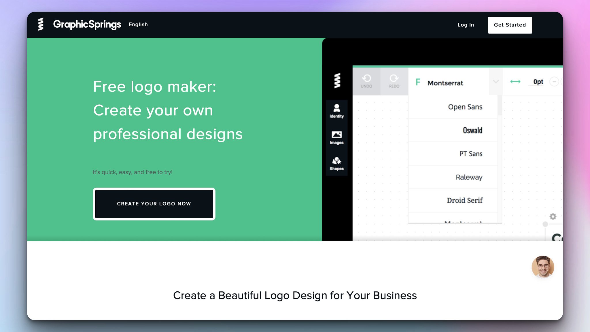 graphicsprings design tool's homepage with green, black and white-themed background and the headline is on the left followed by "create your logo now" button and there is an image on the right showing font names on the tool interface