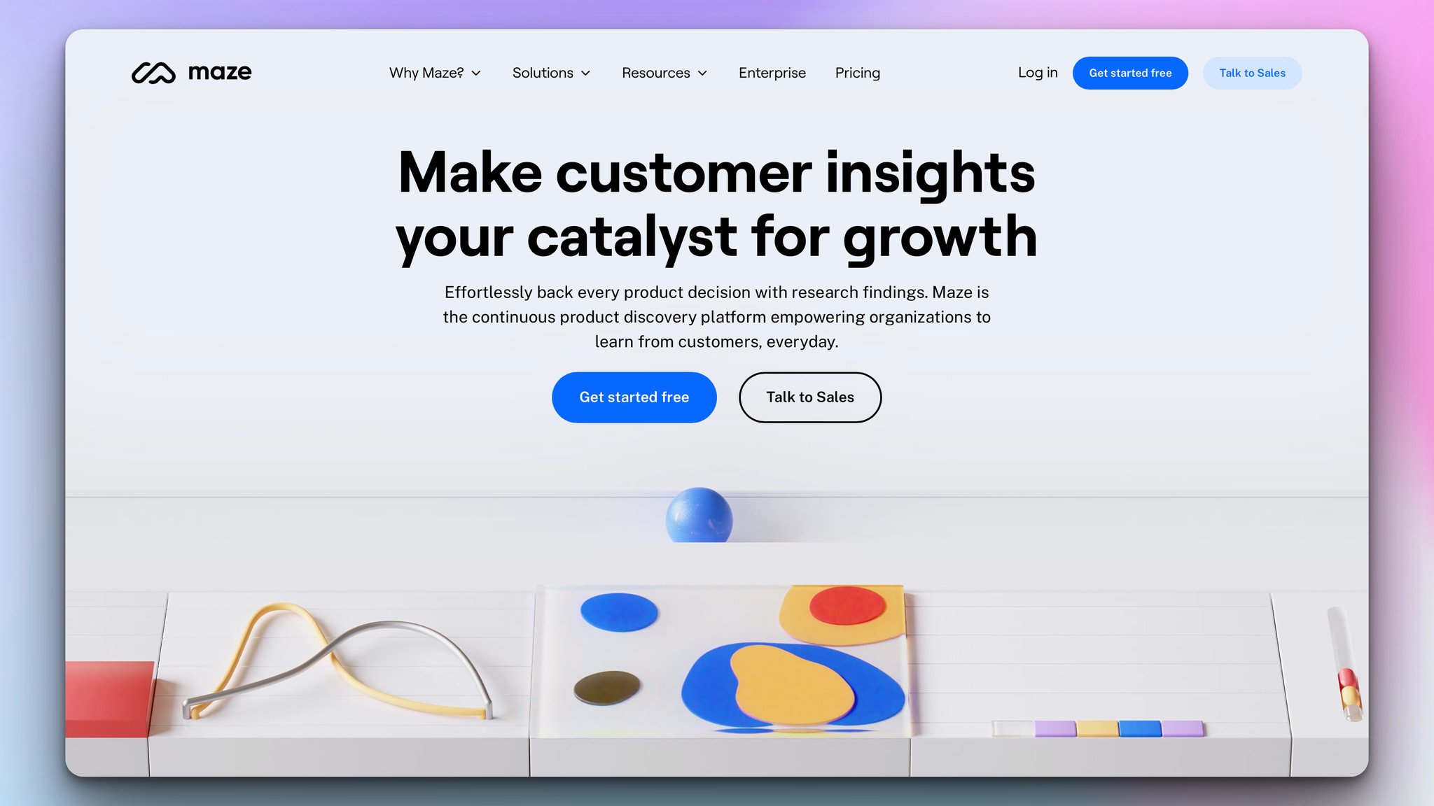 maze design tool's homepage with the headline on top followed by blue "get started free" and a white "talk to sales" buttons and illustration of colored shapes on a white background below