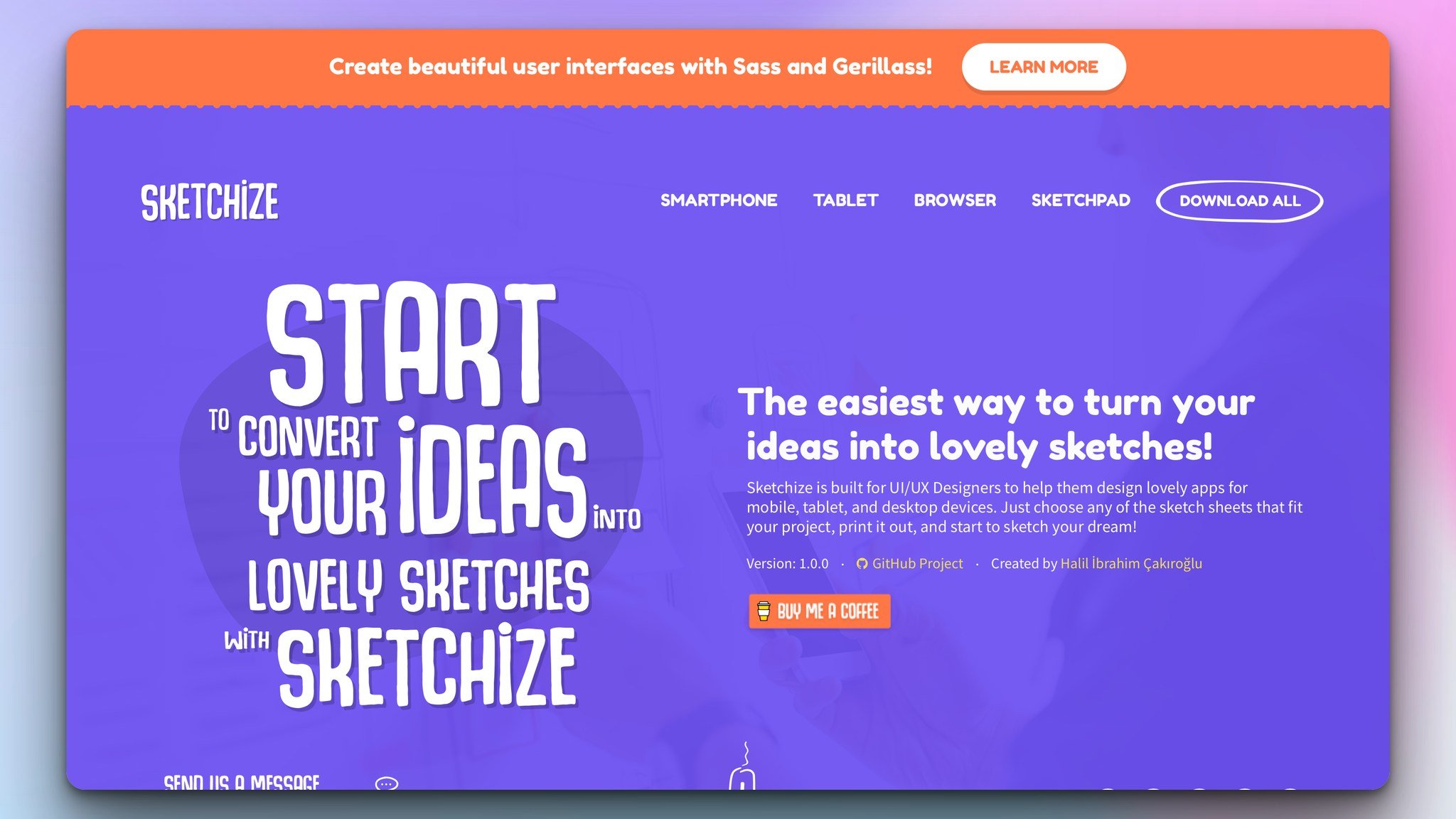 sketchize design tool's homepage with an orange banner above and the headline on the left on a purple background and on the right, there is a body text followed by an orange "buy me a coffee button"