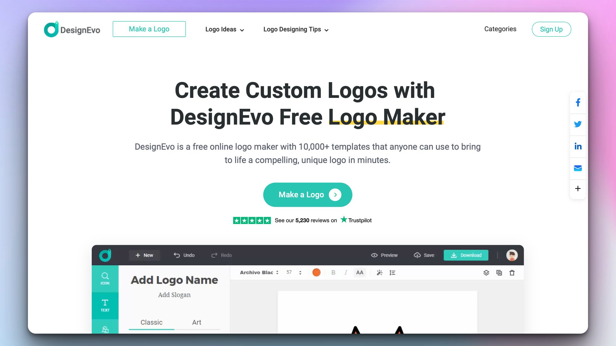 design evo design tool's homepage with the headline on top followed by a green "make a logo" button and a preview of the tool window below