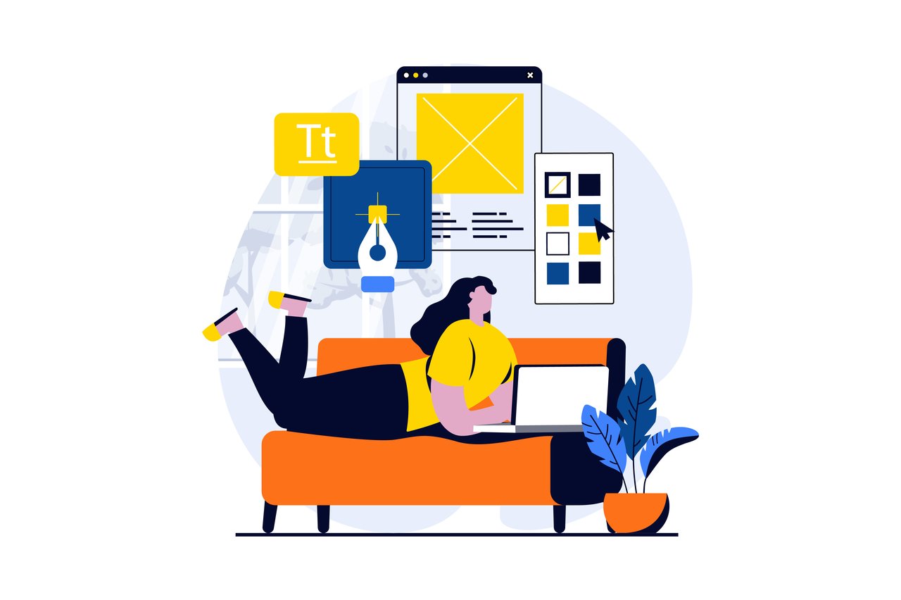 UI related female illustration in which the woman is laying on a coach looking at the laptop with different kinds of windows and graphic elements on the wall