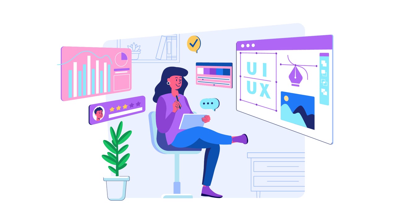 Illustration of a female UX UI designer sitting at a chair with different kinds of graphic windows on the left and right