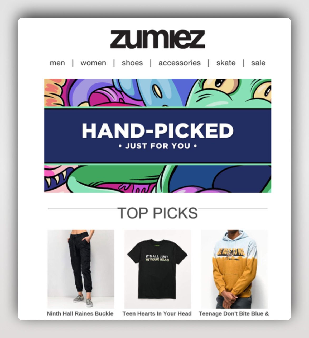 an email saying "hand-picked just for you" on a colored bakground with the top clothing picks like t-shirt and sweater below