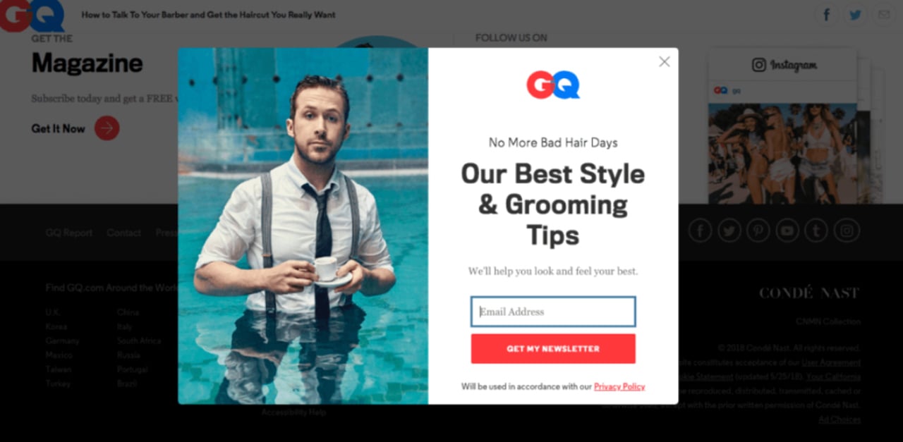 a screenshot of GQ exit-intent popup that says “Our Best Style & Grooming Tips”