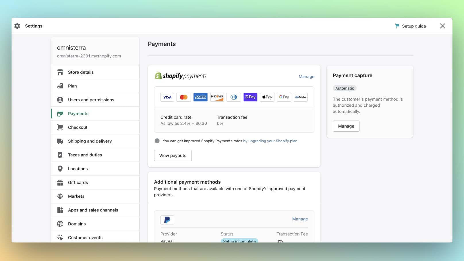 Shopify Payments at the top of the list and Manage option