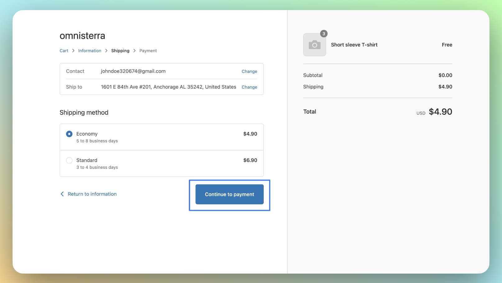 Shipping method and payment process