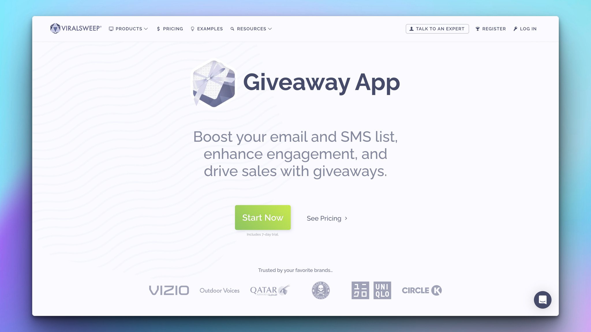 viralsweep shopify app with "giveaway app" headline followed by a body text and a start button and logos of various brands