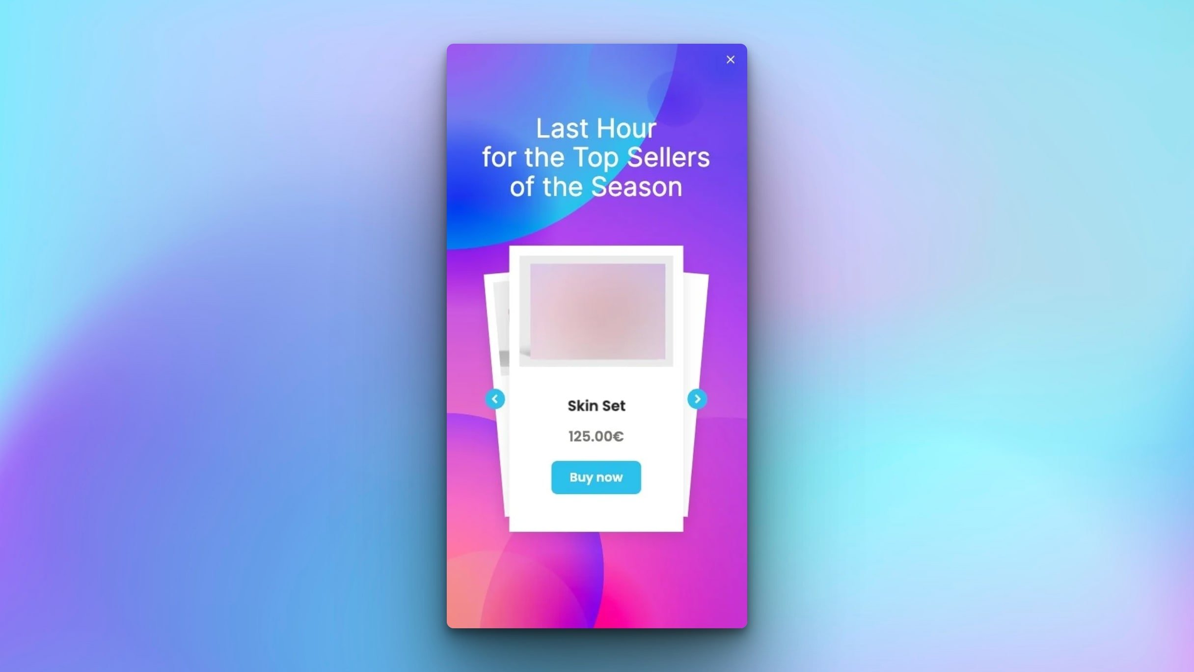 popupsmart shopify element looking like a deck of cards showing blurry product images on a pink-purple. themed popup