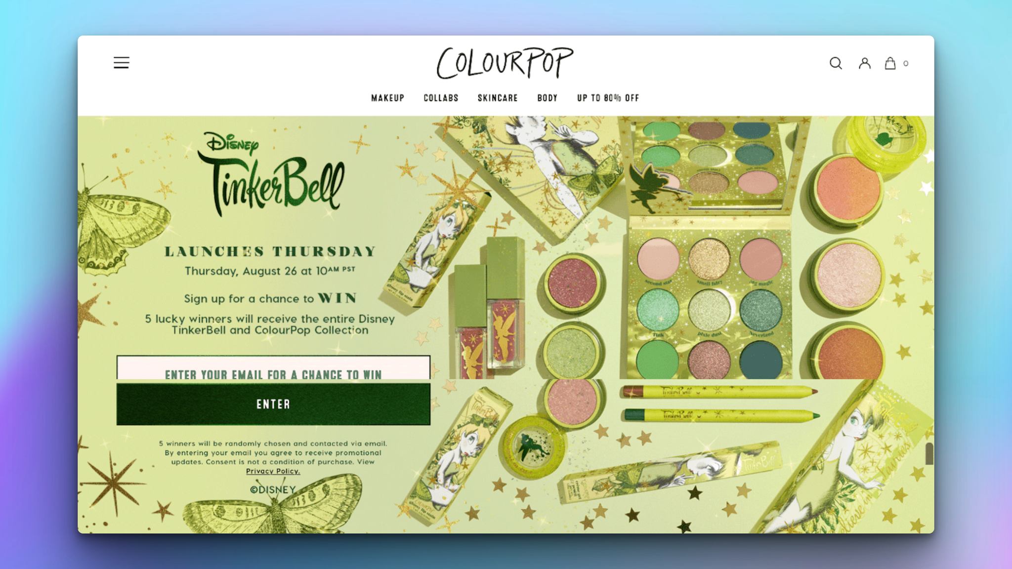 colourpop giveaway landing page with make-up product images on the right on a green background with Tinkerbell theme, and on the left, there is the giveaway information field dollowed by a button to submit