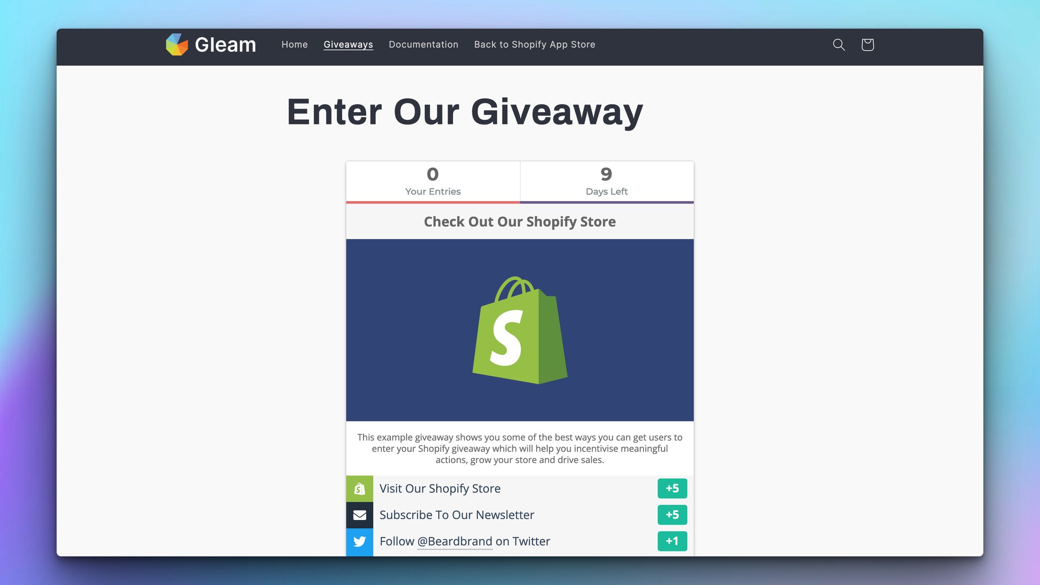 gleam shopify app demo page with enter our giveaway headline and shopify logo on a background followed by social share links