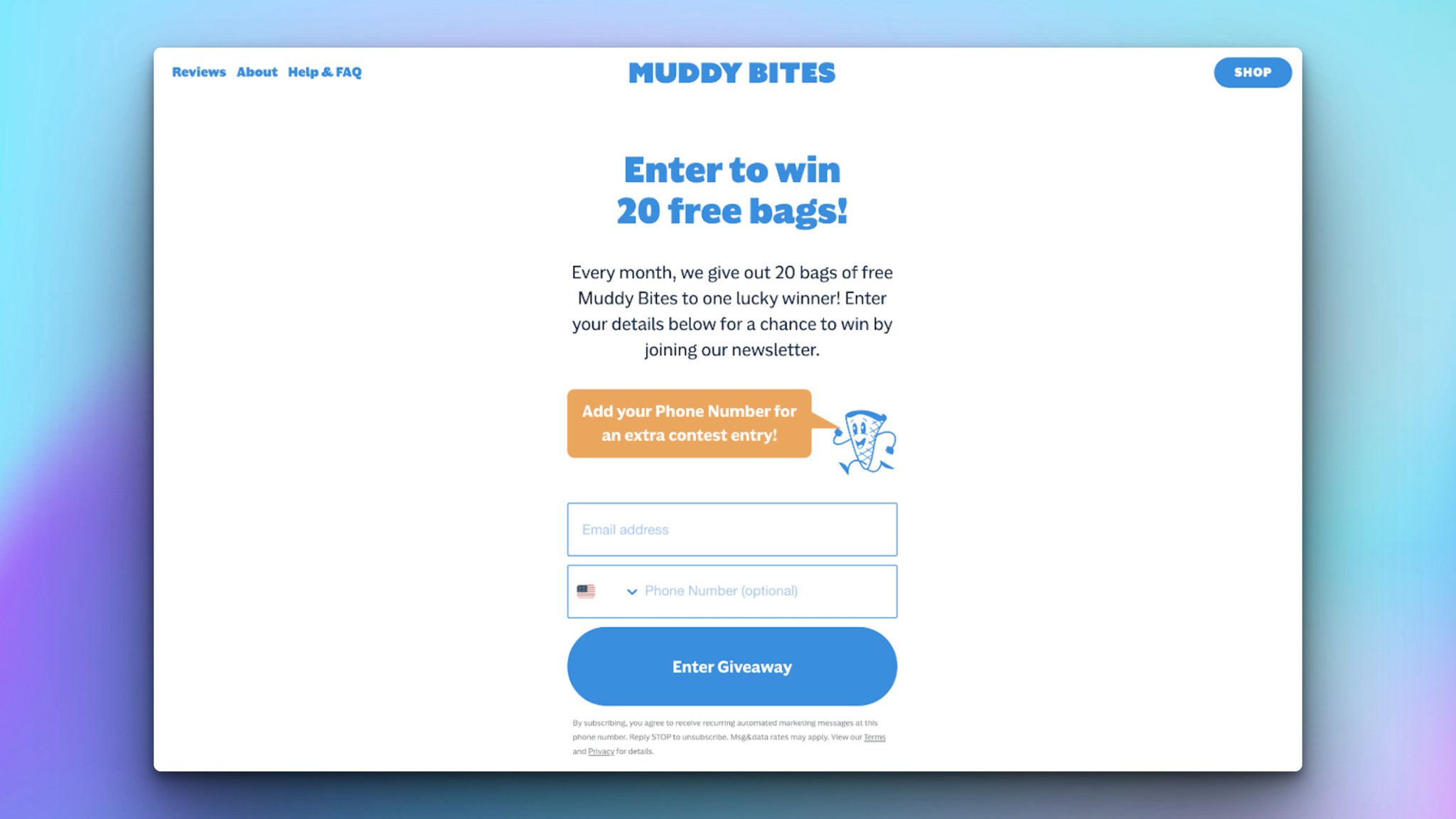 muddy bites landing page with the "enter to win 20 free bags" title on top followed by information fields and a blue circular button to submit