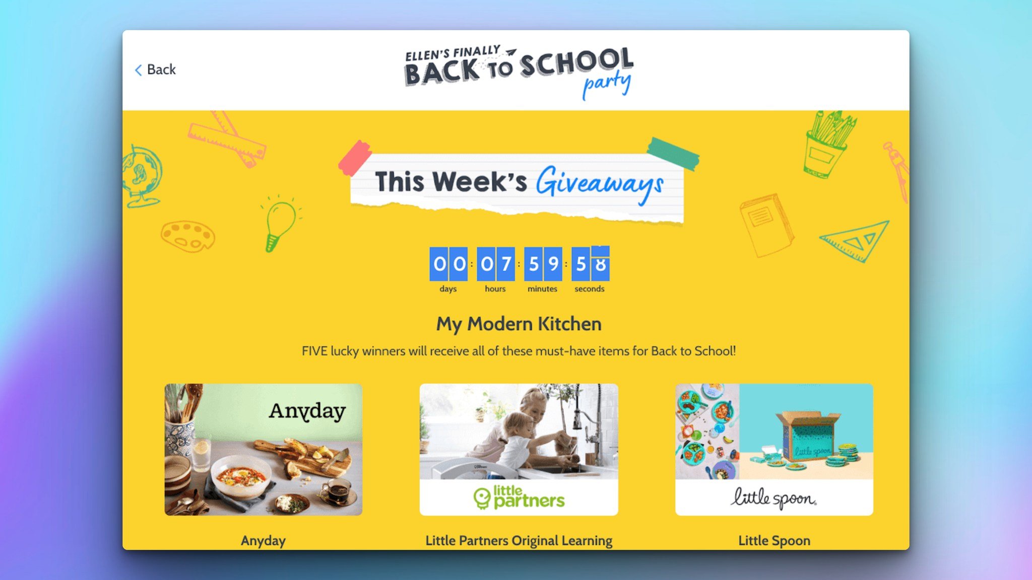 back to school giveaway landing page with the title on top followed by a countdown timer and the images of the gifts of giveaway campaign all on a yellow school supply-themed background