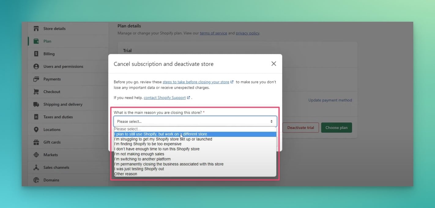 step four showing a window asking the main reason why you're closing Shopify account
