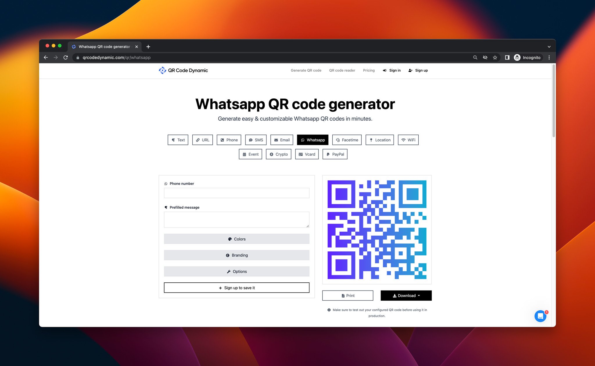 a screenshot of QR Code Dynamic’s WhatsApp QR landing page