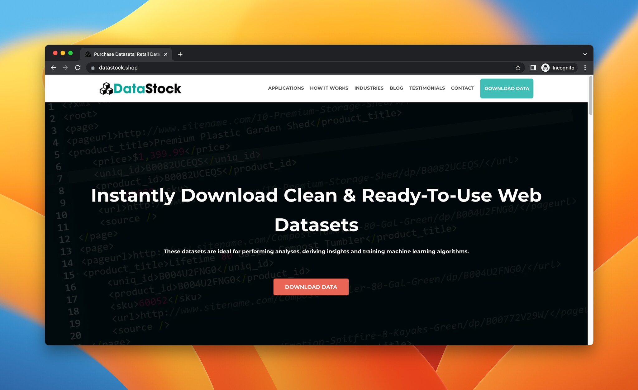 a screenshot of the landing page of DataStock, which is an eBay dataset provider