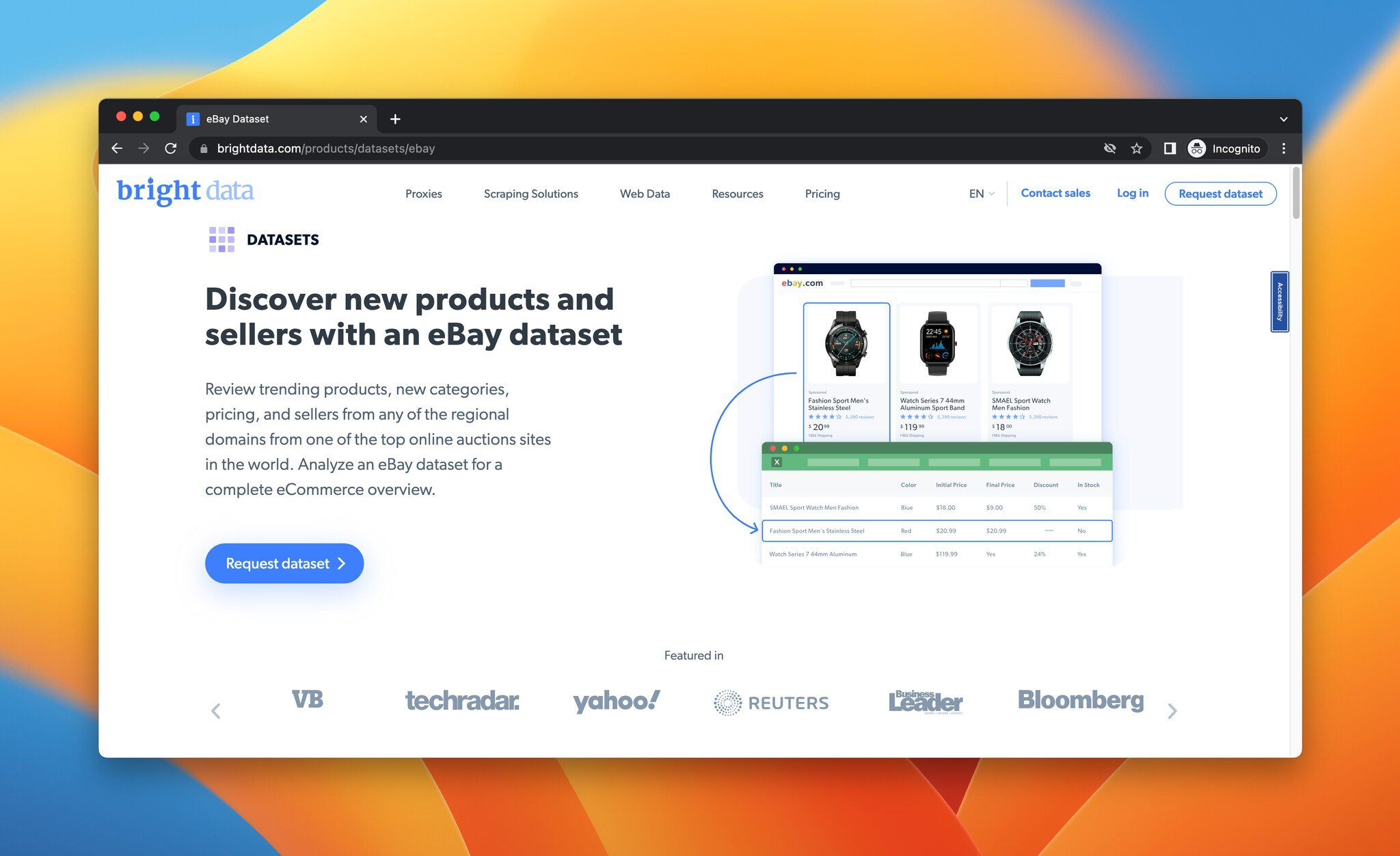 a screenshot of the landing page of Bright Data's eBay dataset provider
