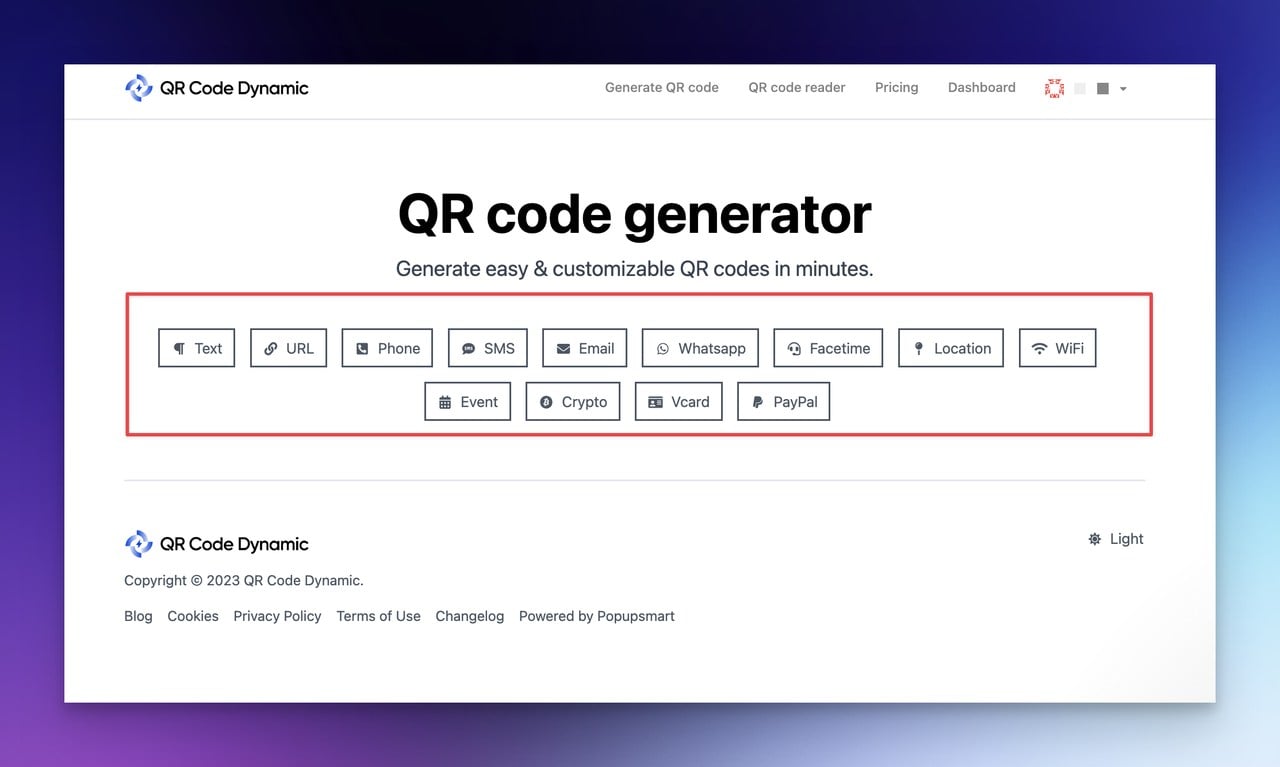 Step one of how to create free dynamic QR code