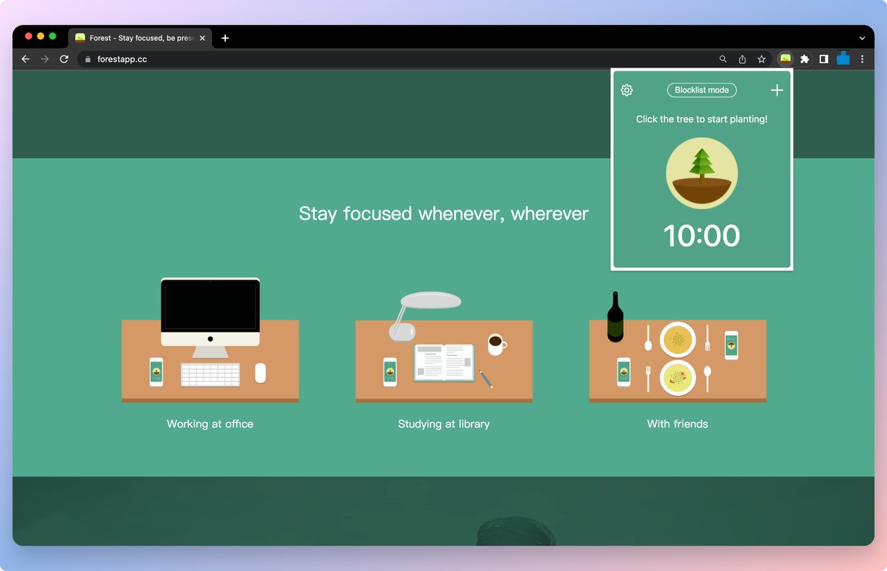 Forest application chrome extention gamification example showing a countdown timer and an illustration of a tree