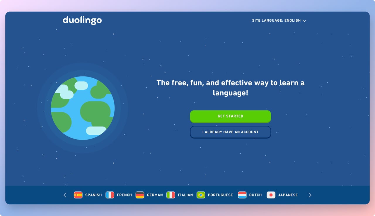 Douliongo E-learning homepage with an illustration of the planet earch and a blue back ground and a green call to action that says "Get Started"