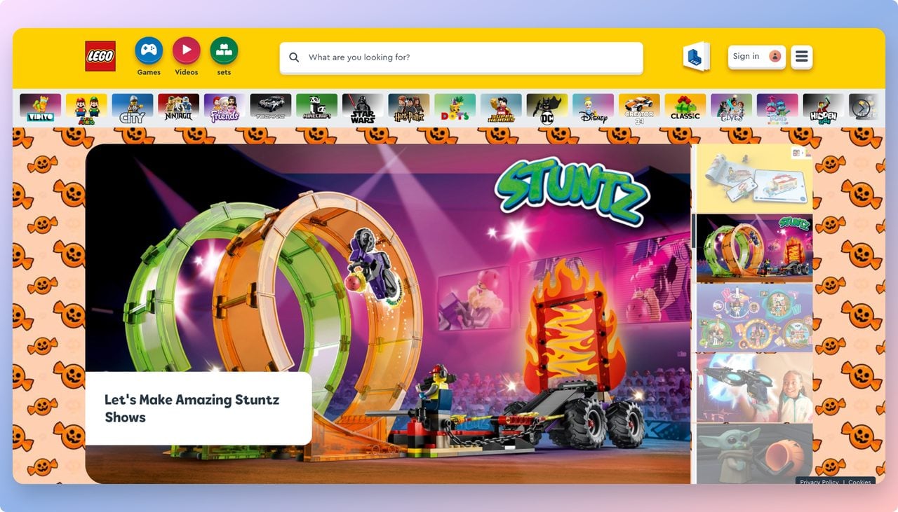 Lego playground page displaying gaming elements and illustration related to the brand as a gamification example