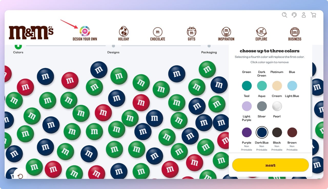 M&M product customization game showing the chocolates in different colors with a setting bar choose the colors