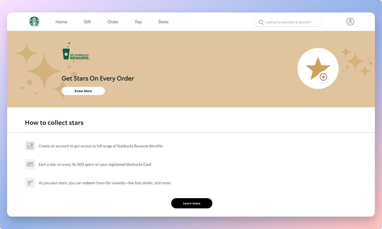 Starbucks loyalty program page that says "Get stars on every order" with a logo of Starbucks Rewards program