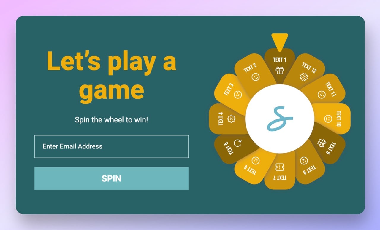 a spin the wheel popup template that says "lets play a game" with a green background and a wheel discount on the right side offering prizes