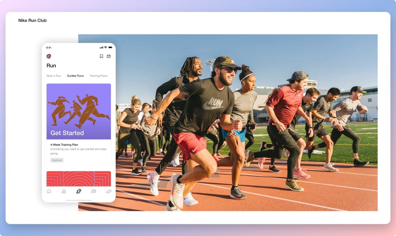 Nike run club page that shows an photo of a number of people running together happily and an screenshot of the mobile app