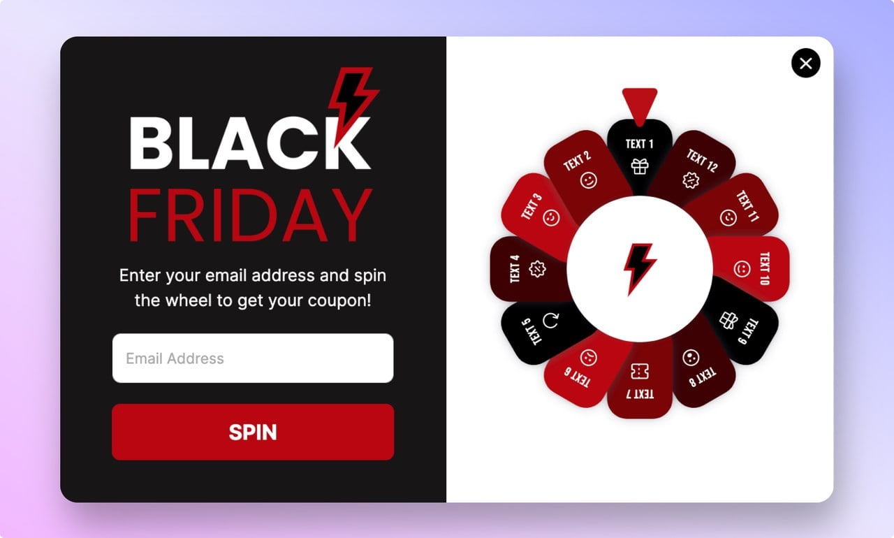 a Black Friday spin the wheel popup example asking for the users email address