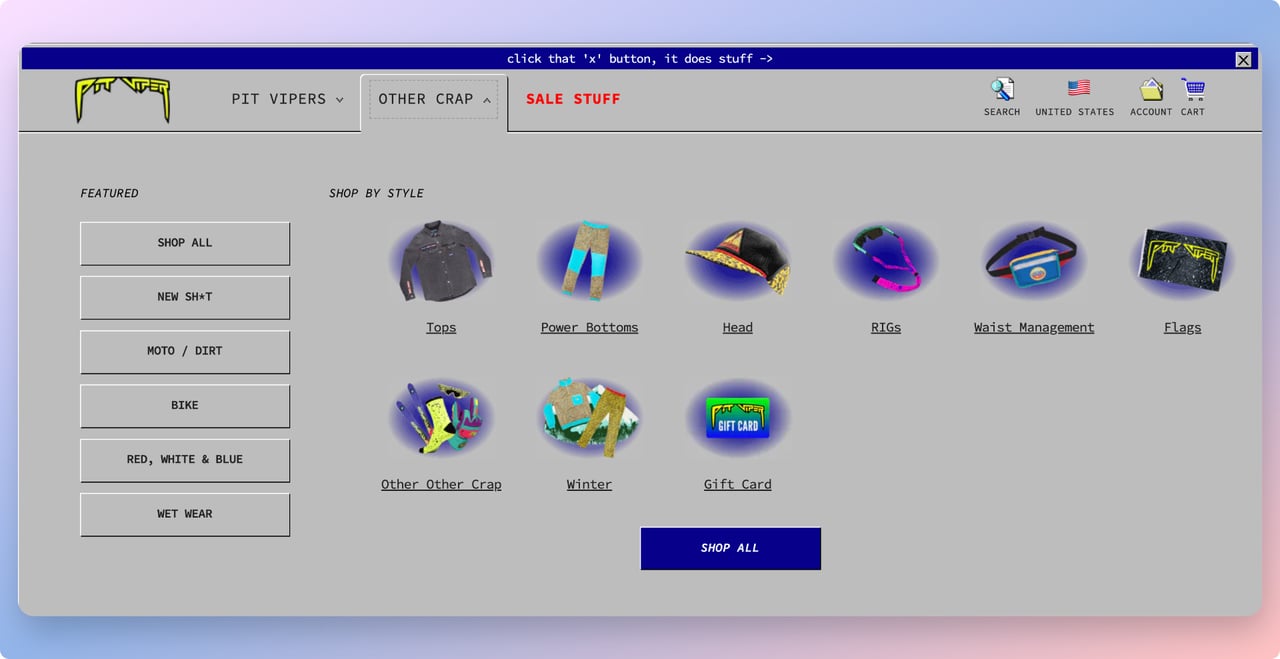 pitviper product page showing different items like in an old computer or game as an ecommerce gamification example