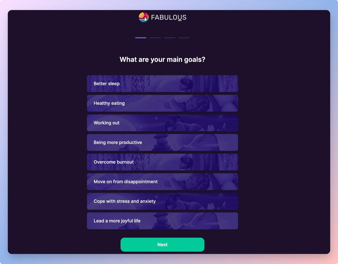 Fabulous. brand onboarding quize as a gamification example that asks "what are your main goals" with different options as answers