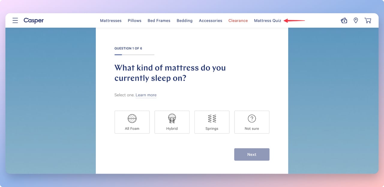 Casper mattress quiz page that asks uses "what kind of mattress do you currently step on?" with four different option as an answer