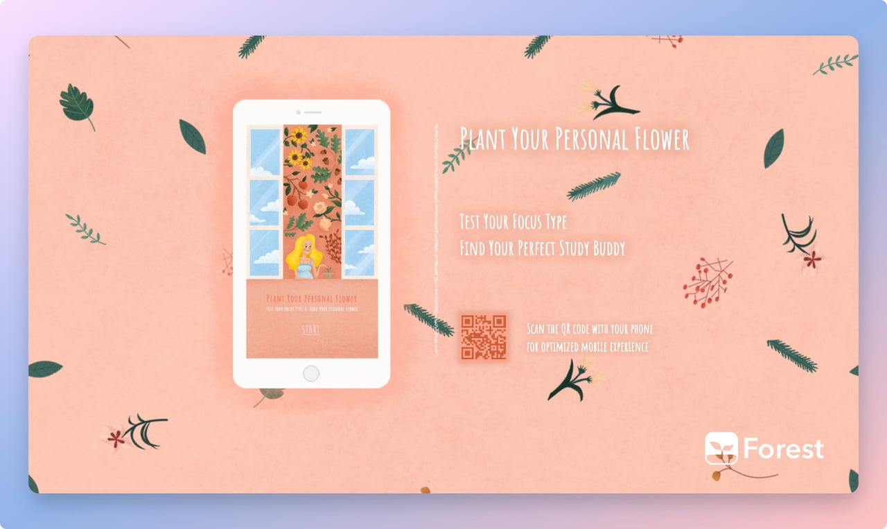 Forest personality test landing page with a pink background, an illustration of a mobile screen and a QR code to be scanned