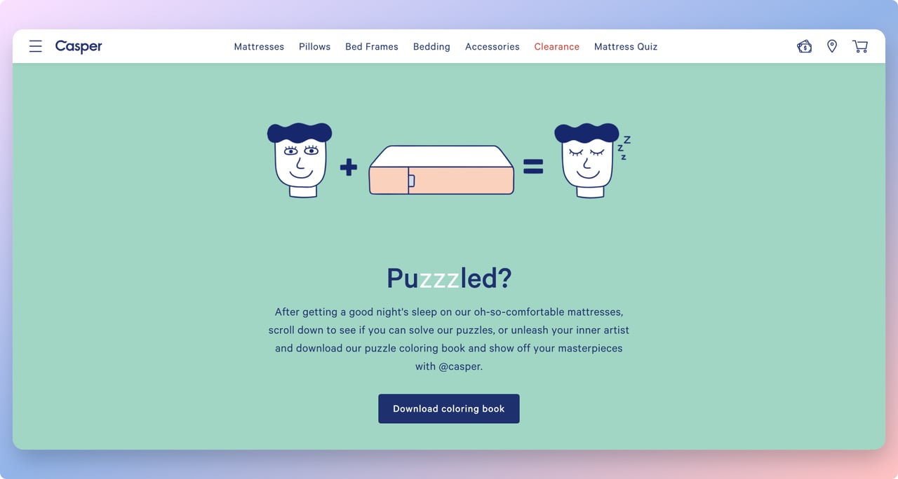 casper puzzled page with illustration of a girl and a bed as an ecommerce gamification example