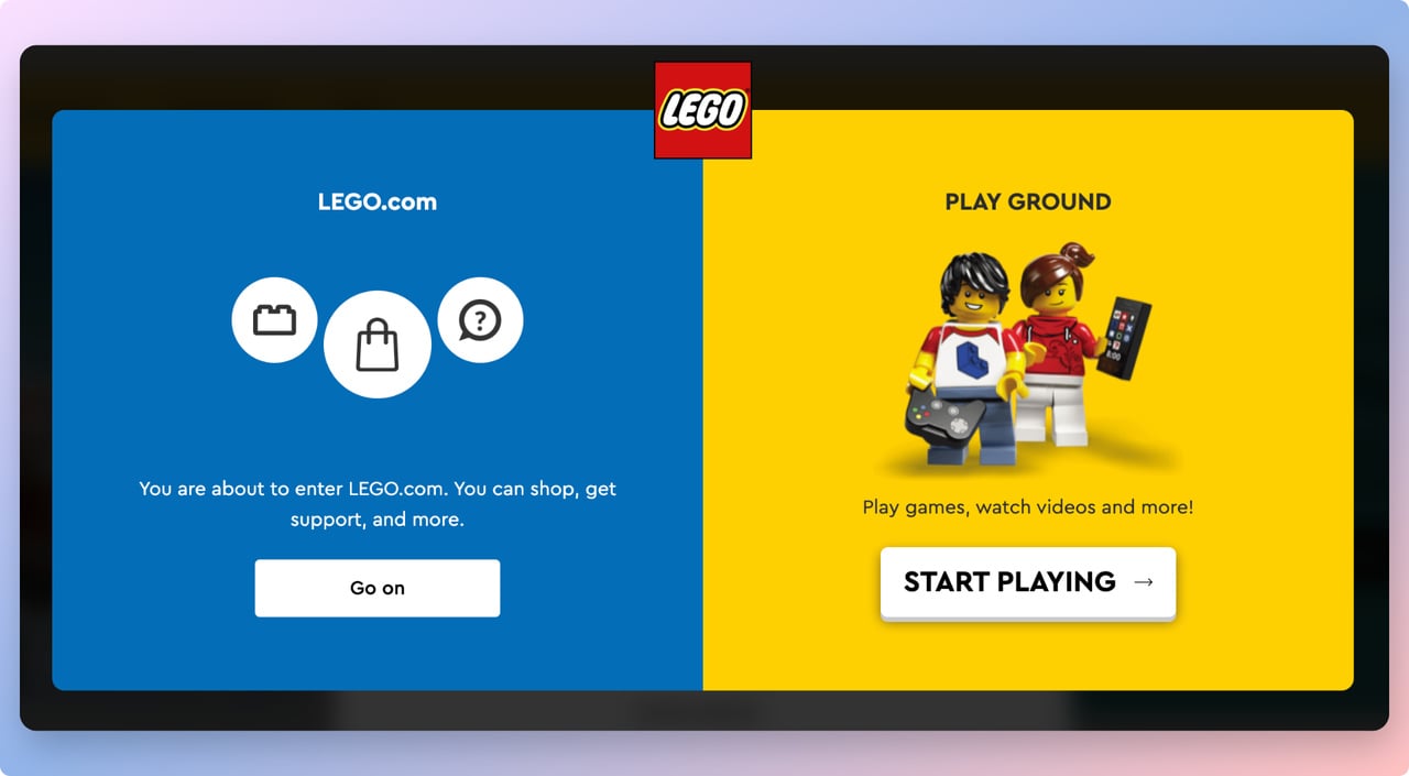 Lego navigational popup example with Lego characters and call to actions for homepage and playground