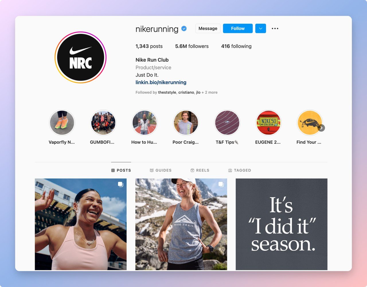 Nike run club instagram page that shows the number of followers, followings and recently published posts