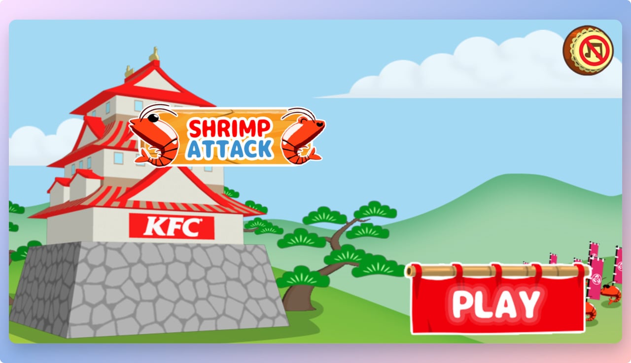 KFC Shripm attack gamification landing page with an illustration of a Japanees house and a red shrimp