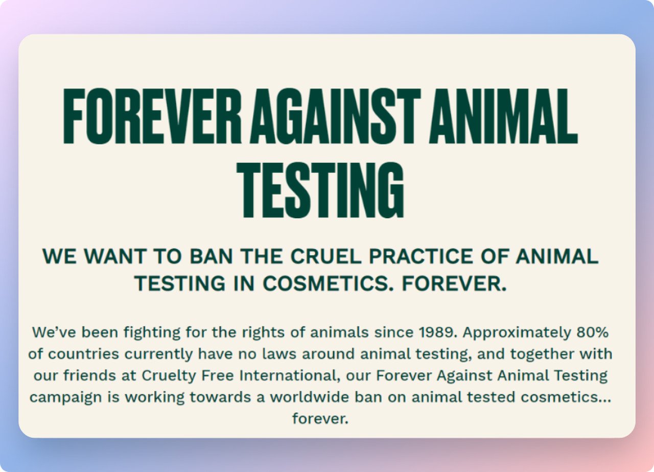 BodyShop Animal Cruelty Mission description that says "Forever against animal testing"