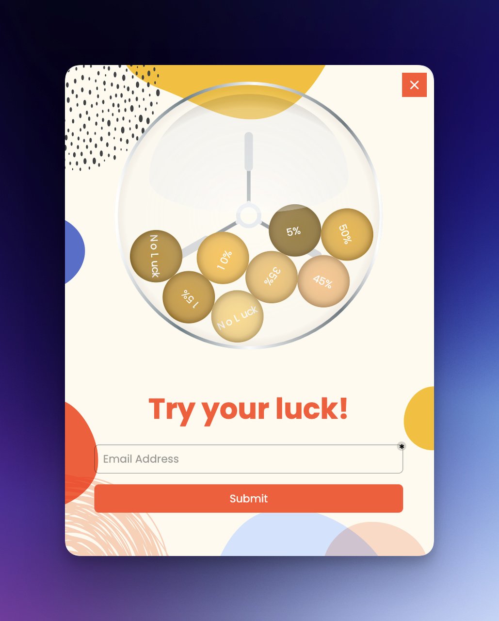 Gamified popup example with spin to win wheel