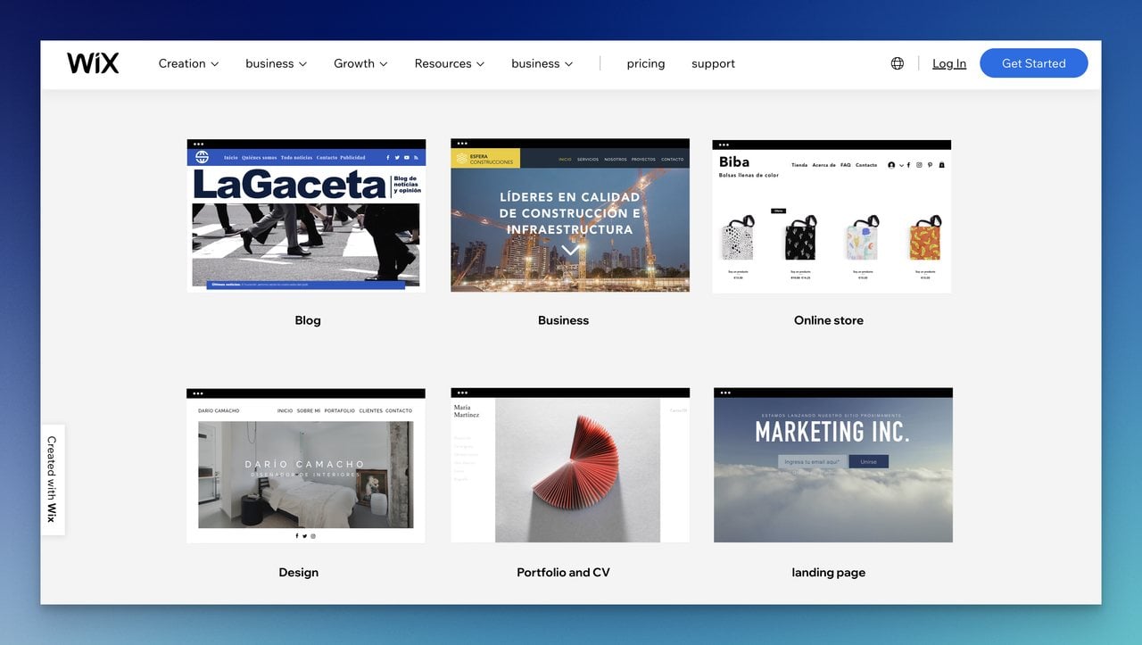 Wix homepage showing the different pre-made templates 