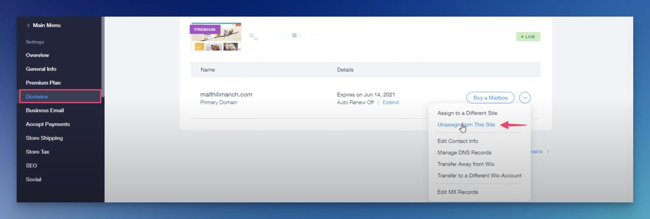 Unassign the site domain on Wix on the admin page